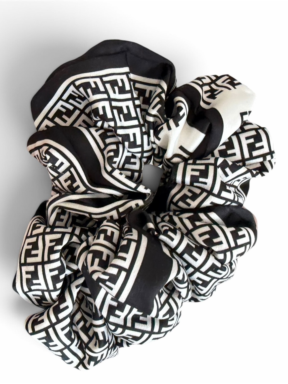 Fendi Silk black white Upcycled logo Scrunchie